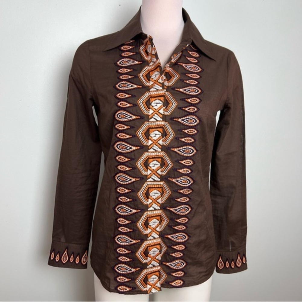 Tory Burch Embroidered Cotton Tunic Blouse Brown Boho Top Women’s Size 4